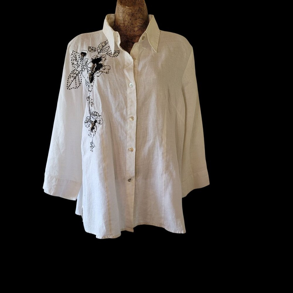 White Linen Button-Up Shirt With Black Floral Embroidery & Beaded Design
